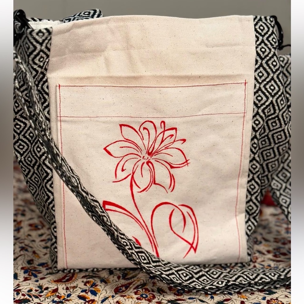 Hand-Painted Floral Canvas Tote Bag - Red and Black